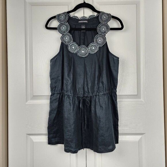 Chelsea & Theodore Linen Top Embroidered Drawstring Black Blouse Tunic XL - Picture 4 of 13